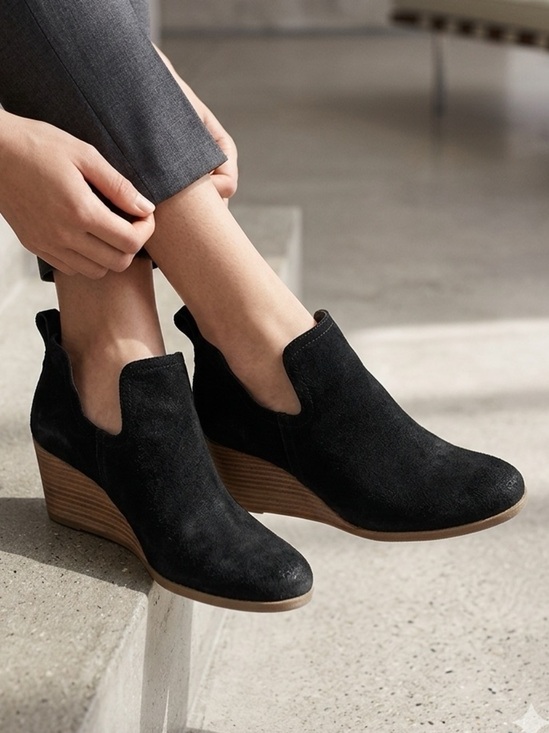 Toms Shoes - Toms Kallie Wedge Bootie Women's Size 9.5 Black Brown Slip Ons Suede Boots